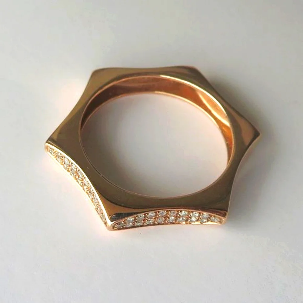 Solid 14K Rose Gold Diamonds Hexagon Ring